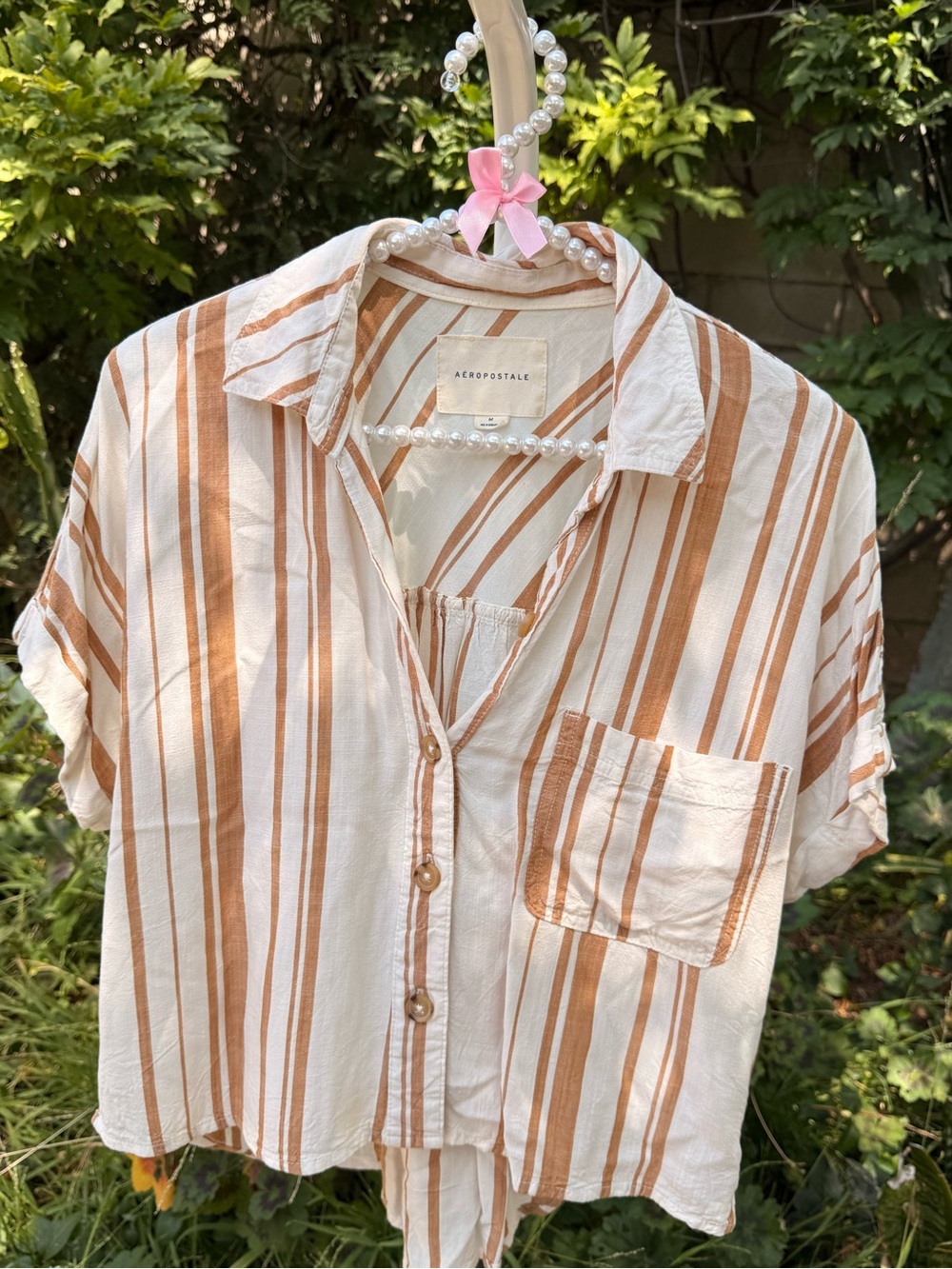 Aeropostale Cream and Brown Striped Cropped Short Sleeve Shirt